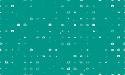 Seamless background pattern of evenly spaced white first aid symbols of different sizes and opacity. Vector illustration on teal background with stars