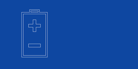 A large white outline battery symbol on the left. Designed as thin white lines. Vector illustration on blue background