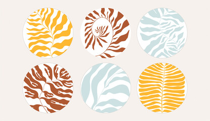 Groovy icons in Matisse style, abstract flora. Vector illustration. Set of icons and emblems for social media news covers. Design templates for yoga studio, tourism, beauty salons