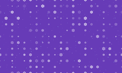 Seamless background pattern of evenly spaced white hive symbols of different sizes and opacity. Vector illustration on deep purple background with stars