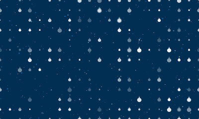 Seamless background pattern of evenly spaced white Christmas tree toys of different sizes and opacity. Vector illustration on dark blue background with stars
