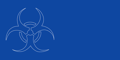 A large white outline biohazard symbol on the left. Designed as thin white lines. Vector illustration on blue background