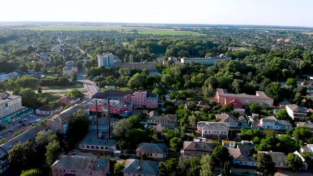 Aerial view of the central part of the city of Nizhyn. Downtown. Ukraine