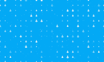 Seamless background pattern of evenly spaced white yoga symbols of different sizes and opacity. Vector illustration on light blue background with stars