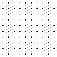 Square seamless background pattern from geometric shapes are different sizes and opacity. The pattern is evenly filled with small black quatrefoil symbols. Vector illustration on white background