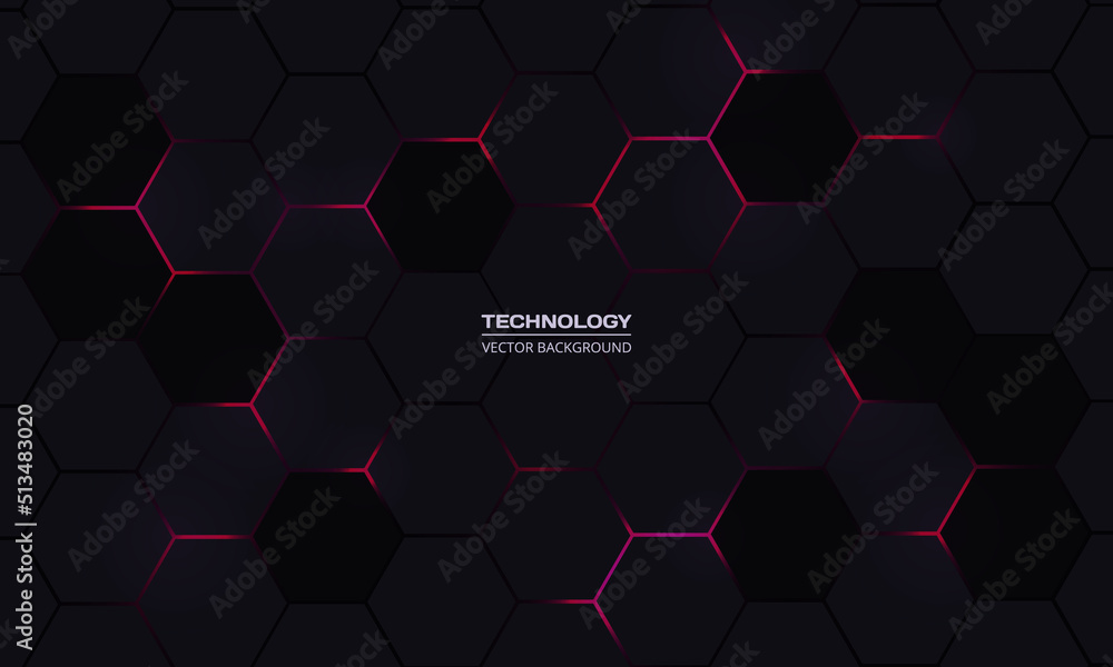 Aufkleber Dark hexagon gaming abstract technology vector background with pink colored bright flashes. Vector illustration
