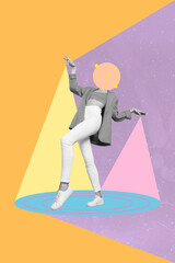 Creative retro 3d magazine collage of lady globe instead of head dancing hand arms spotlights isolated drawing background