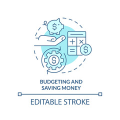 Budgeting and saving money turquoise concept icon. Life skill abstract idea thin line illustration. Calculate expenses. Isolated outline drawing. Editable stroke. Arial, Myriad Pro-Bold fonts used