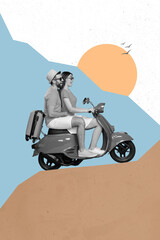 Collage 3d image of pinup pop retro sketch image of couple riding moped rock hike isolated drawing...