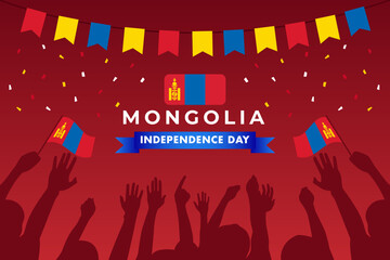 Happy Mongolia Independence Day Background with Flags and Confetti. Vector Illustration