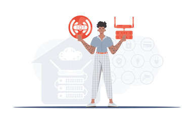 Internet of things concept. A man is holding an internet thing icon in her hands. Router and server. Good for presentations and websites. Vector illustration in flat style.