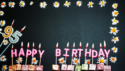 Happy birthday background with number   95. Copy space. Pink happy birthday candles on a black...