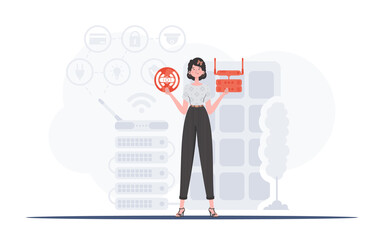 IoT concept. A woman holds the internet of things logo in her hands. Router and server. Good for presentations and websites. Trendy flat style. Vector illustration.