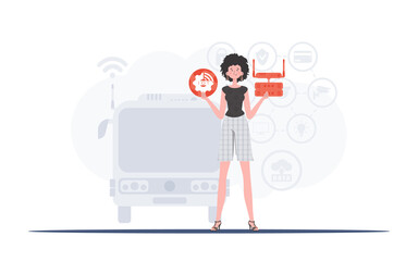 IoT concept. A woman holds the internet of things logo in her hands. Router and server. Good for websites and presentations. Trendy flat style. Vector illustration.