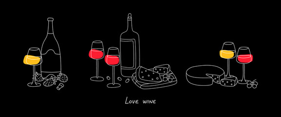 Set of sweet, dry red and white wine bottle and glasses with wooden plate with cheese, grape, olives, strawberry. Wine lovers quote. Traditional wine snacks. Menu design.Vector outlines illustration