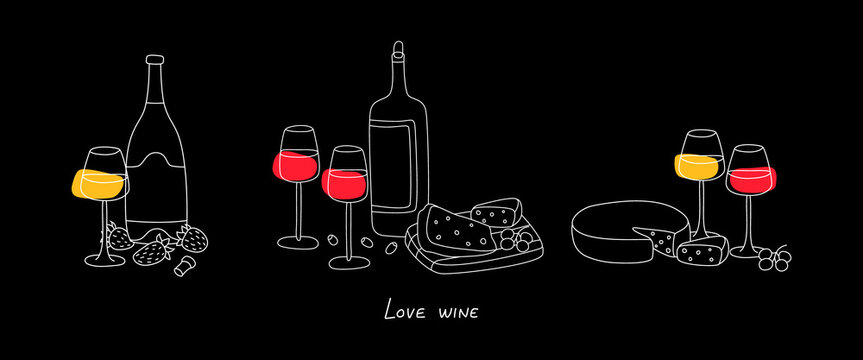Set of sweet, dry red and white wine bottle and glasses with wooden plate with cheese, grape, olives, strawberry. Wine lovers quote. Traditional wine snacks. Menu design.Vector outlines illustration