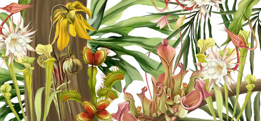 Fototapety  tropical carnivorous plants on a white background art drawing photo wallpaper