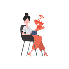 Internet of things concept. A woman holds a satellite dish in her hands. Isolated on white background. Vector illustration in trendy flat style.