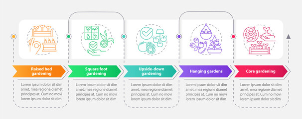 Effective gardening rectangle infographic template. Plant care. Data visualization with 5 steps. Editable timeline info chart. Workflow layout with line icons. Myriad Pro-Bold, Regular fonts used