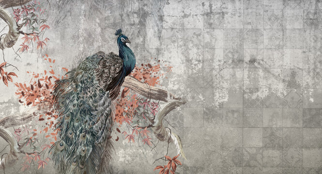 art painted peacock sitting on a branch among texture background photo wallpaper © Viktorious_Art
