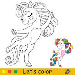 Cartoon dancing unicorn coloring book page vector