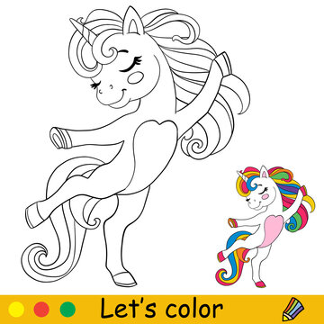 Cartoon dancing unicorn coloring book page vector