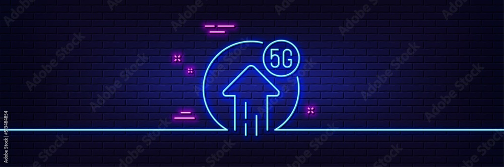 Poster neon light glow effect. 5g upload speed line icon. wireless technology sign. mobile wifi internet sy