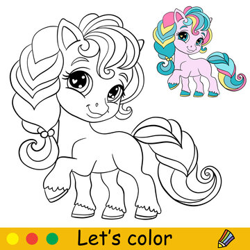 Cartoon baby girl unicorn coloring book page vector