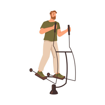Athlete exercise on orbitrack, warming up and working out using sports devices and equipment. Growing muscles, cardio training. Flat cartoon character, vector illustration