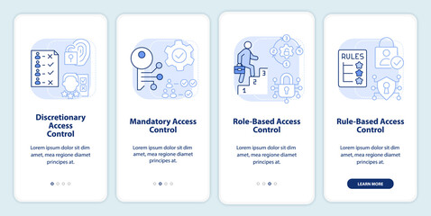 Types of access control light blue onboarding mobile app screen. Walkthrough 4 steps editable graphic instructions with linear concepts. UI, UX, GUI template. Myriad Pro-Bold, Regular fonts used