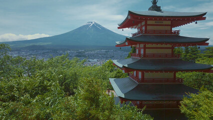 Fujiyoshida, Japan Beautiful view of mountain Fuji and Chureito pagoda at sunset, japan in the summer