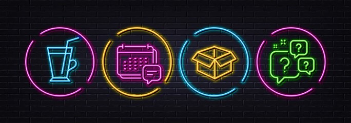 Message, Open box and Coffee cup minimal line icons. Neon laser 3d lights. Question bubbles icons. For web, application, printing. Calendar notification, Delivery package, Latte drink. Faq. Vector