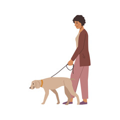 Woman walking with dog on leash, isolated flat cartoon character. Vector female with labrador retriever, pet and owner walks together