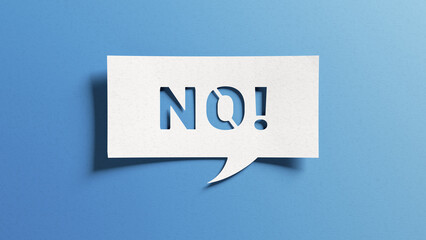 No sign showing negative answer or decision, disagreement, rejection, refusal or contradiction. Word no on cutout paper speech bubble on blue background. - obrazy, fototapety, plakaty