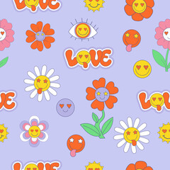 Retro Seamless vector pattern with 70s, 80s, 90s vibes groovy elements. Stickers lettering Love, cartoon funky flower power, daisy flowers, smiley face on purple background. Vector illustration.