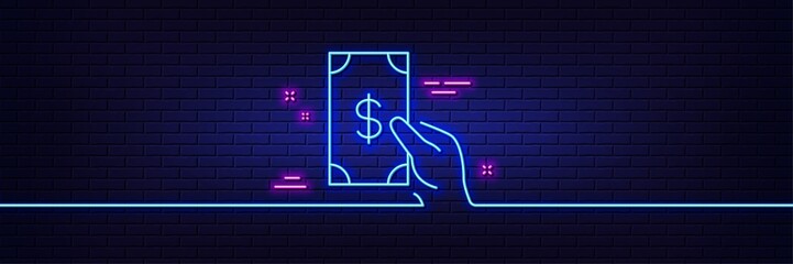 Neon light glow effect. Hold Cash money line icon. Banking currency sign. Dollar or USD symbol. 3d line neon glow icon. Brick wall banner. Receive money outline. Vector