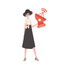 Internet of things concept. A woman holds a satellite dish in her hands. Isolated. Vector illustration in trendy flat style.