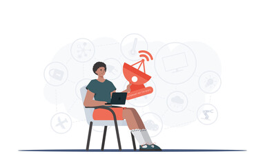 A man holds a satellite dish in his hands. Internet of things and automation concept. Good for presentations, websites and typography. Trendy flat style. Vector illustration.