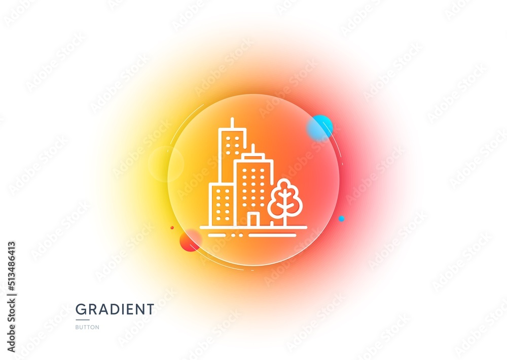 Poster skyscraper buildings line icon. gradient blur button with glassmorphism. city architecture with tree