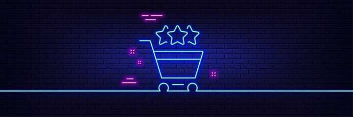Neon light glow effect. Shopping cart stars rating line icon. Customer rank sign. Supermarket ranking symbol. 3d line neon glow icon. Brick wall banner. Shopping rating outline. Vector © blankstock