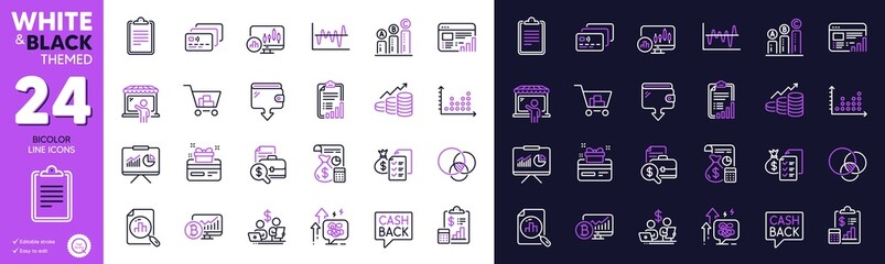 Euler diagram, Stress grows and Checklist line icons for website, printing. Collection of Report, Growth chart, Stock analysis icons. Accounting report, Budget accounting. Bicolor outline icon. Vector