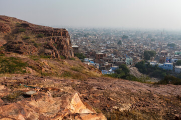 View at the blue houses of the Brahmapuri quarter in Jodhpur, Rajasthan, India, Asia