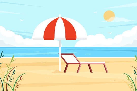Beach background with seascape, beach chair and parasol. Flat design vector illustration. 
