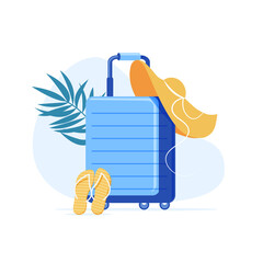travel concept design. a luggage bag with hat, flip flops and palm tree leaf on white background. be free and travel. vector flat design illustration.