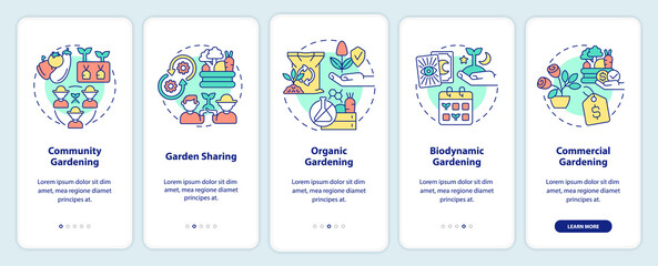 Types of gardening onboarding mobile app screen. Horticulture style walkthrough 5 steps editable graphic instructions with linear concepts. UI, UX, GUI template. Myriad Pro-Bold, Regular fonts used