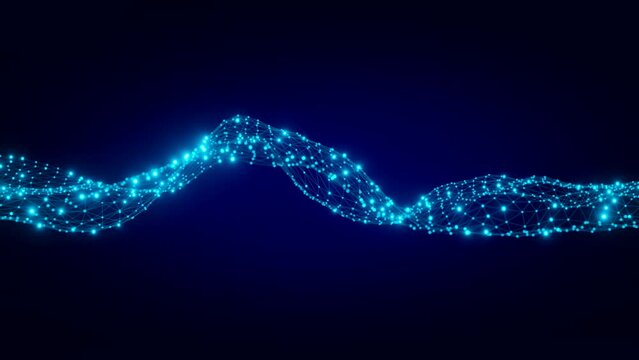 Technology and communication background with connected dots on 3D wave landscape. Telecommunication, data science, particles, digital world, virtual reality, cyberspace, metaverse concept. 4k video.