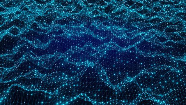 Technology and communication background with connected dots on 3D wave landscape. Telecommunication, data science, particles, digital world, virtual reality, cyberspace, metaverse concept. 4k video.