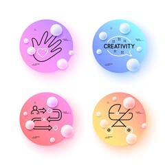 Journey path, Social responsibility and Creativity minimal line icons. 3d spheres or balls buttons. Baby carriage icons. For web, application, printing. Vector