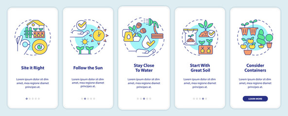 Gardening tips onboarding mobile app screen. Successful planting walkthrough 5 steps editable graphic instructions with linear concepts. UI, UX, GUI template. Myriad Pro-Bold, Regular fonts used