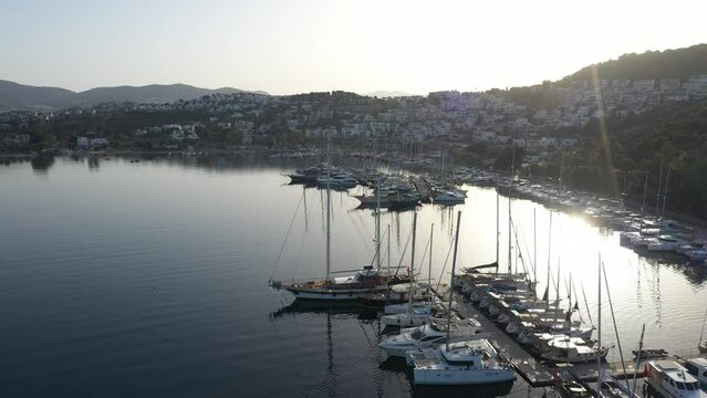 Aerial view of yacht jetty in Bodrum Turkey.